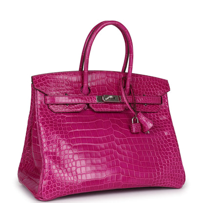 Pre-owned Hermes Birkin 35 Rose Sheherazade Shiny Porosus Crocodile Palladium Hardware