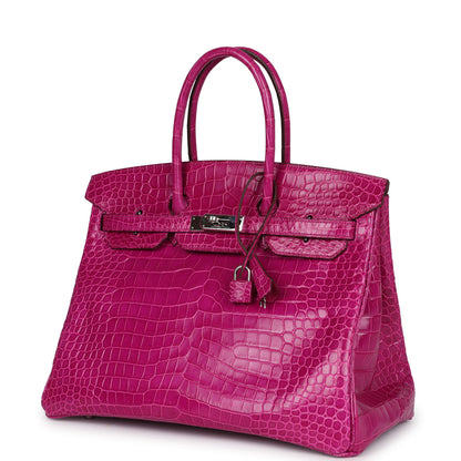 Pre-owned Hermes Birkin 35 Rose Sheherazade Shiny Porosus Crocodile Palladium Hardware