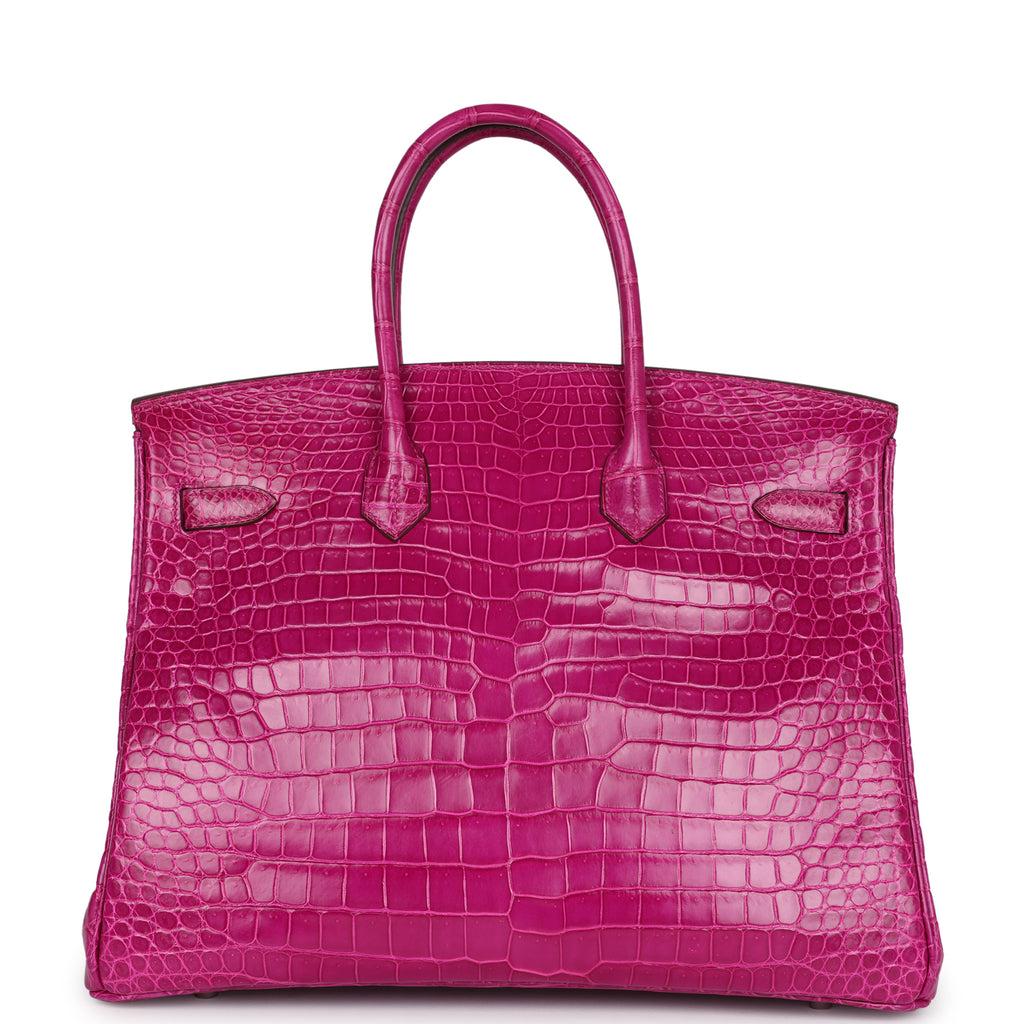 Pre-owned Hermes Birkin 35 Rose Sheherazade Shiny Porosus Crocodile Palladium Hardware