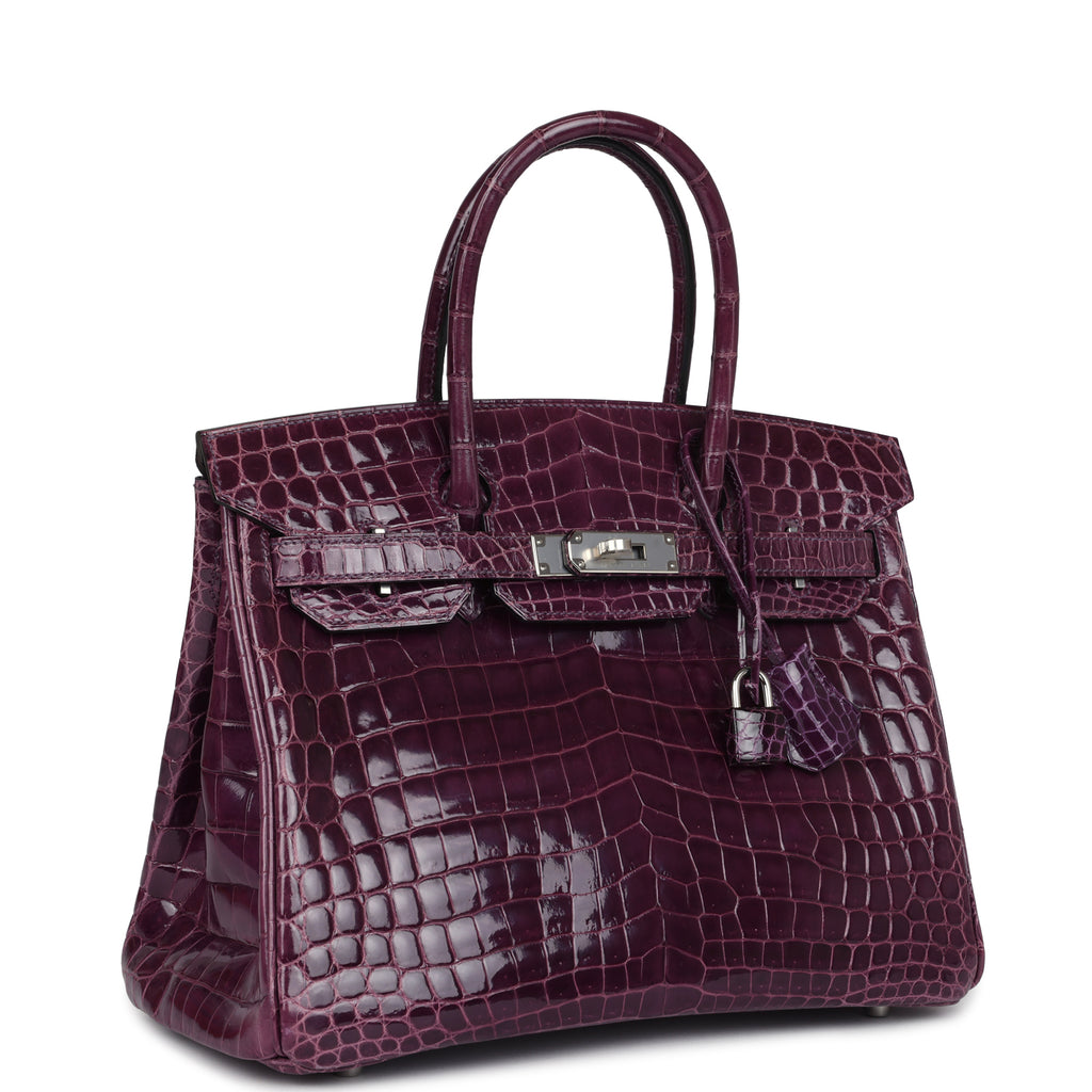 Pre-owned Hermes Birkin 30 Amethyst Shiny Niloticus Crocodile Palladium Hardware