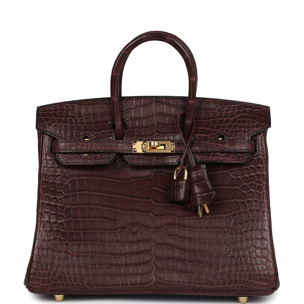 Pre-owned Hermes Birkin 25 Rouge Sellier Matte Porosus Crocodile Gold