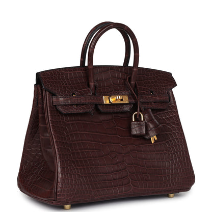 Pre-owned Hermes Birkin 25 Rouge Sellier Matte Porosus Crocodile Gold