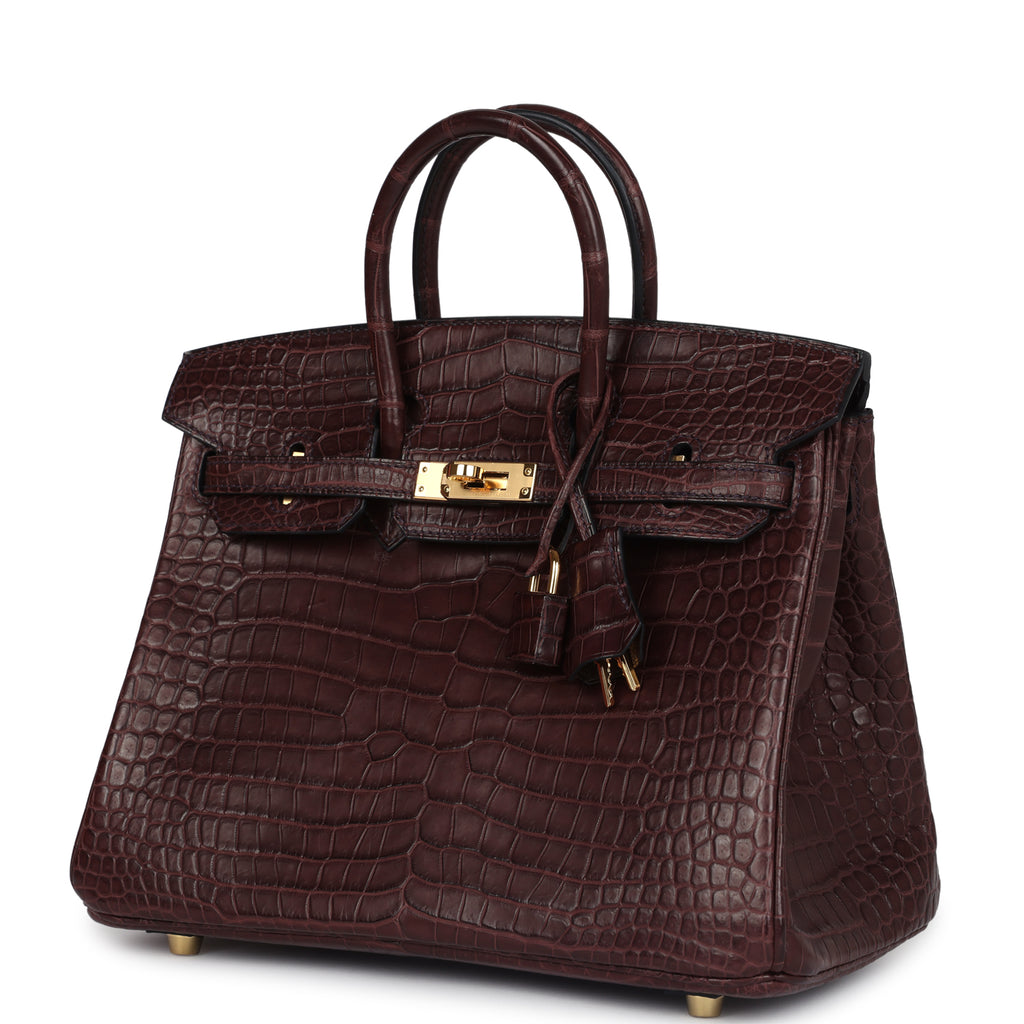 Pre-owned Hermes Birkin 25 Rouge Sellier Matte Porosus Crocodile Gold