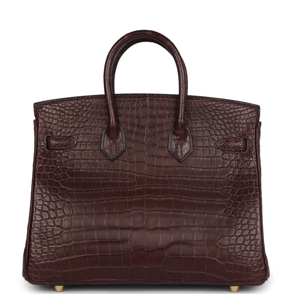 Pre-owned Hermes Birkin 25 Rouge Sellier Matte Porosus Crocodile Gold