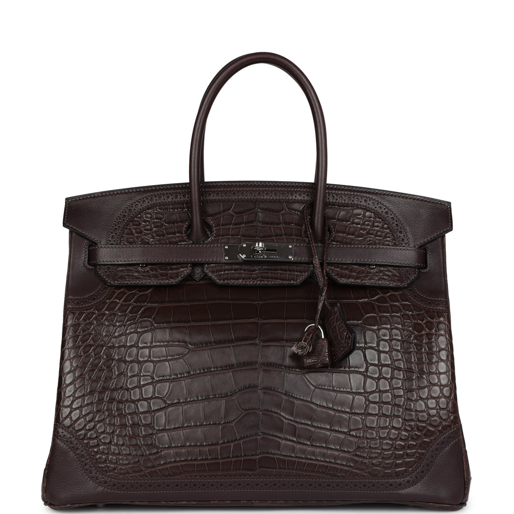 Pre-owned Hermes Ghillies Birkin 35 Ebene Matte Alligator and Swift Palladium Hardware