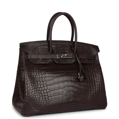 Pre-owned Hermes Ghillies Birkin 35 Ebene Matte Alligator and Swift Palladium Hardware