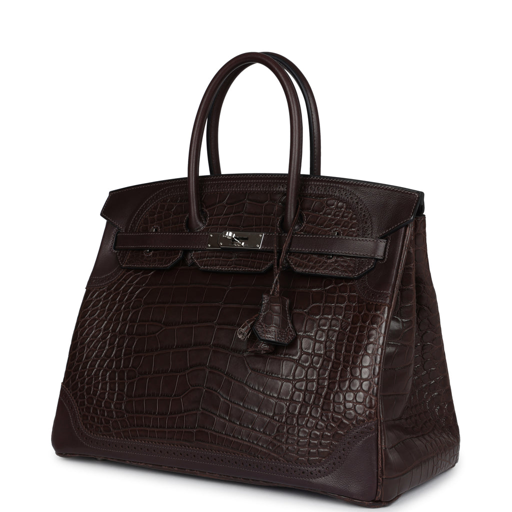 Pre-owned Hermes Ghillies Birkin 35 Ebene Matte Alligator and Swift Palladium Hardware