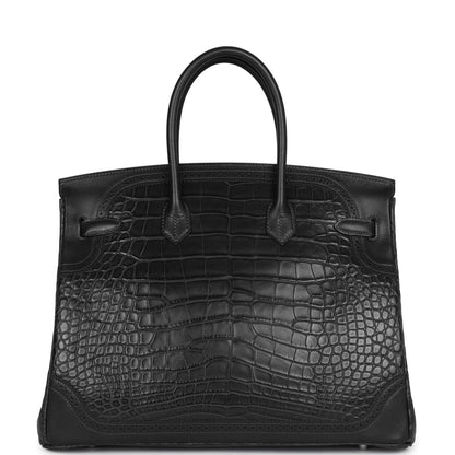 Pre-owned Hermes Ghillies Birkin 35 Ebene Matte Alligator and Swift Palladium Hardware