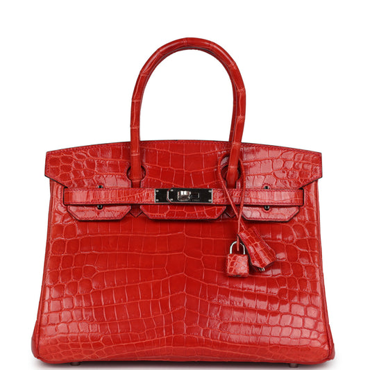 Pre-owned Hermès Birkin 30 Geranium Shiny Niloticus Crocodile Palladium Hardware