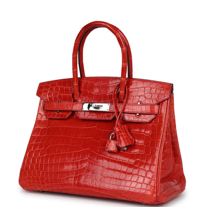 Pre-owned Hermès Birkin 30 Geranium Shiny Niloticus Crocodile Palladium Hardware