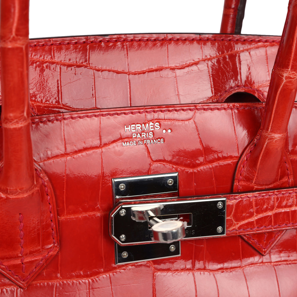 Pre-owned Hermès Birkin 30 Geranium Shiny Niloticus Crocodile Palladium Hardware