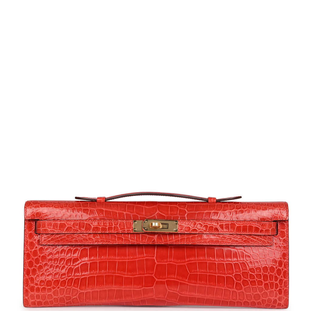 Hermès Kelly Cut Orange Poppy Shiny Porosus Crocodile Gold Hardware