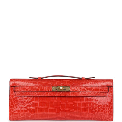 Hermès Kelly Cut Orange Poppy Shiny Porosus Crocodile Gold Hardware