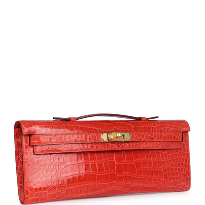 Hermès Kelly Cut Orange Poppy Shiny Porosus Crocodile Gold Hardware