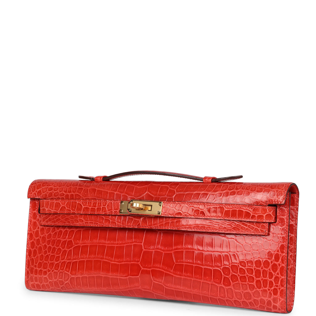 Hermès Kelly Cut Orange Poppy Shiny Porosus Crocodile Gold Hardware