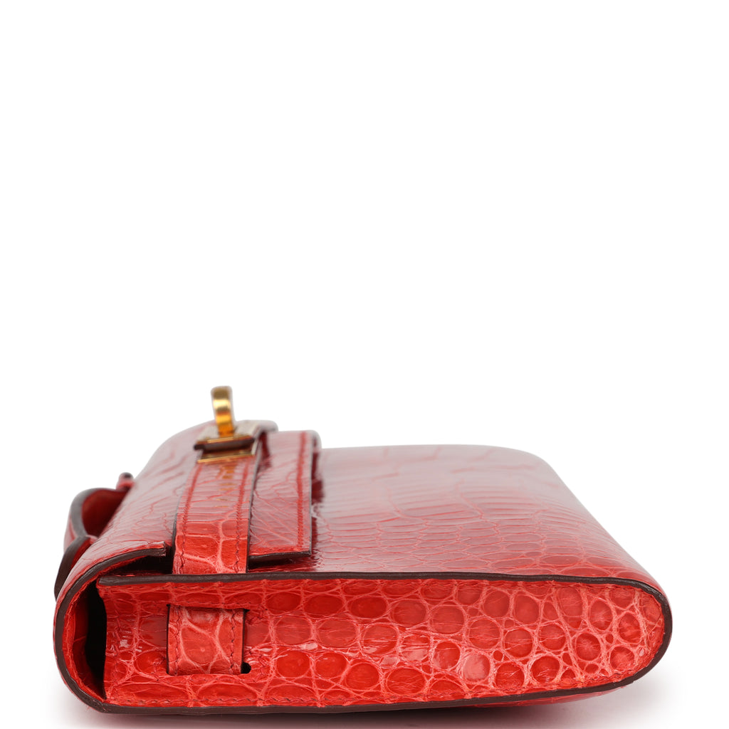 Hermès Kelly Cut Orange Poppy Shiny Porosus Crocodile Gold Hardware