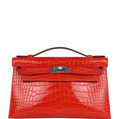 Hermès Kelly Pochette Orange Poppy Shiny Alligator Palladium Hardware