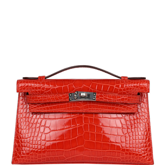 Hermès Kelly Pochette Orange Poppy Shiny Alligator Palladium Hardware