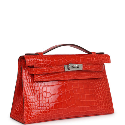 Hermès Kelly Pochette Orange Poppy Shiny Alligator Palladium Hardware