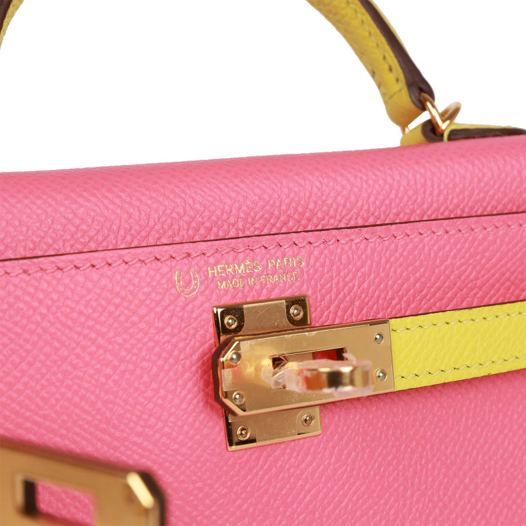 Hermès Special Order (HSS) Kelly Sellier 20 Rose Azalee and Lime Epsom Gold Hardware