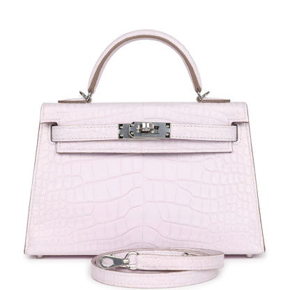 Hermès Kelly Sellier 20 Mauve Pale Boreal Satin Alligator Palladium Hardware