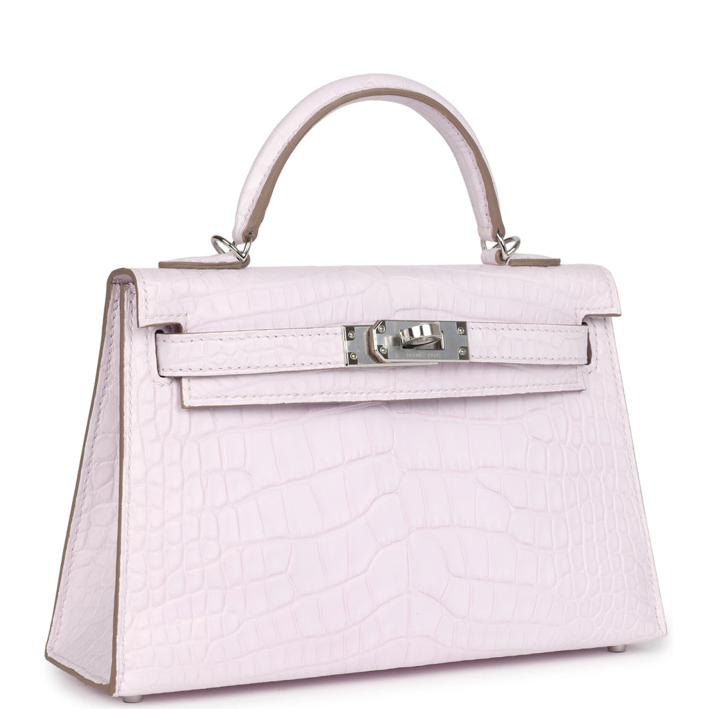 Hermès Kelly Sellier 20 Mauve Pale Boreal Satin Alligator Palladium Hardware