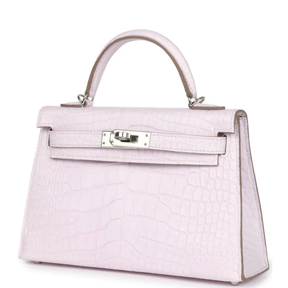 Hermès Kelly Sellier 20 Mauve Pale Boreal Satin Alligator Palladium Hardware