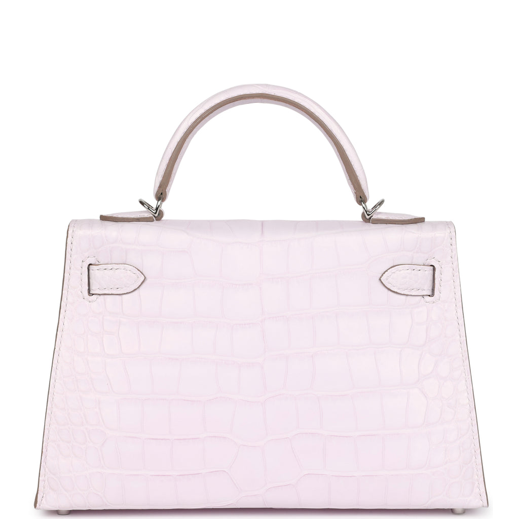 Hermès Kelly Sellier 20 Mauve Pale Boreal Satin Alligator Palladium Hardware