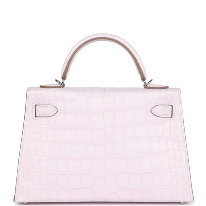 Hermès Kelly Sellier 20 Mauve Pale Boreal Satin Alligator Palladium Hardware