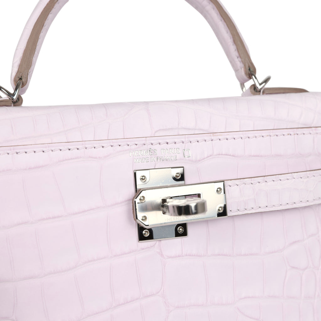 Hermès Kelly Sellier 20 Mauve Pale Boreal Satin Alligator Palladium Hardware