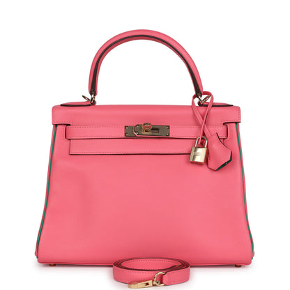 Hermès Special Order (HSS) Kelly Retourne 28 Rose Azalee and Vert Vertigo Swift Gold Hardware