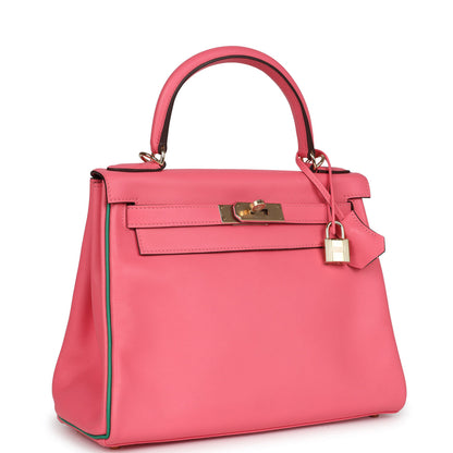 Hermès Special Order (HSS) Kelly Retourne 28 Rose Azalee and Vert Vertigo Swift Gold Hardware