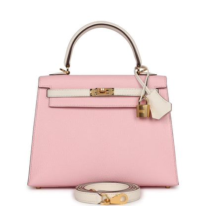 Hermès Special Order (HSS) Kelly Sellier 25 Rose Sakura and Nata Chevre Gold Hardware