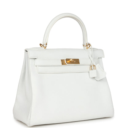 Pre-owned Hermès Kelly Retourne 28 White Clemence Gold Hardware