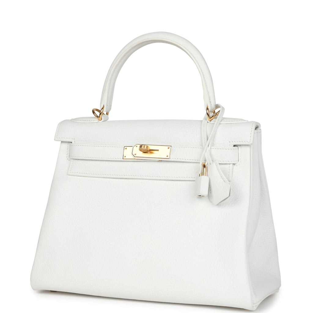 Pre-owned Hermès Kelly Retourne 28 White Clemence Gold Hardware