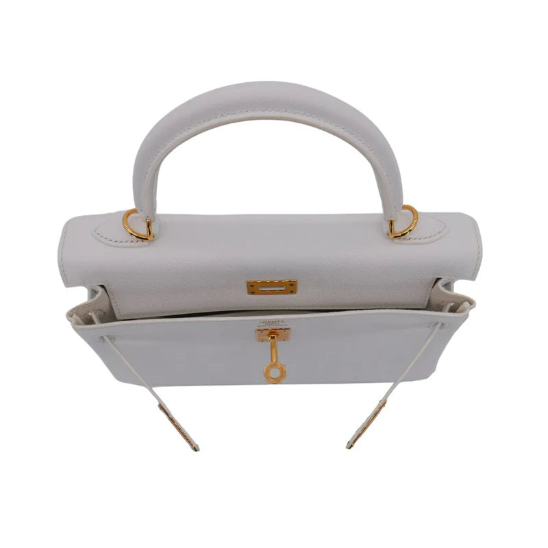  Hermès || 25cm Kelly Retourne White Epsom Leather || Gold Hardware