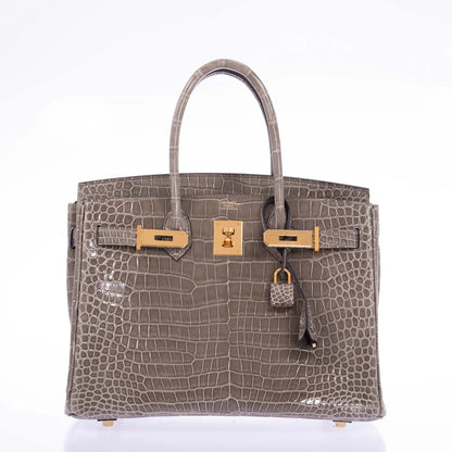 Hermès Birkin 30 Gris Tourterelle Porosus Crocodile Gold Hardware