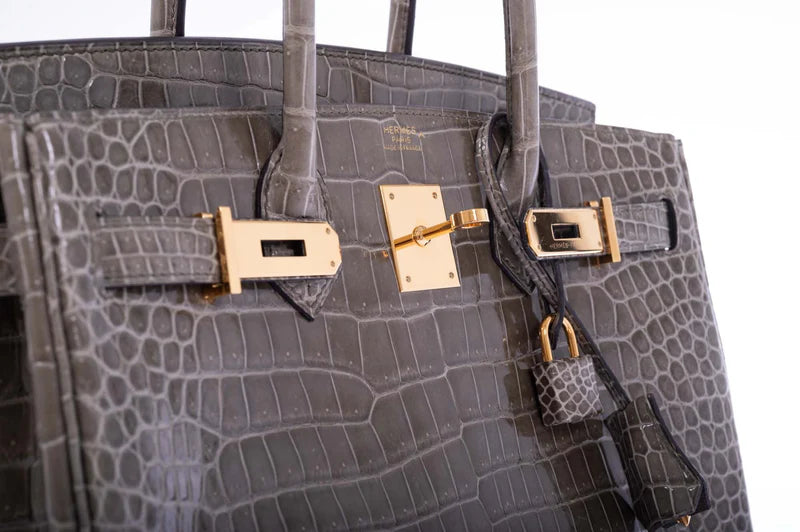 Hermès Birkin 30 Gris Tourterelle Porosus Crocodile Gold Hardware