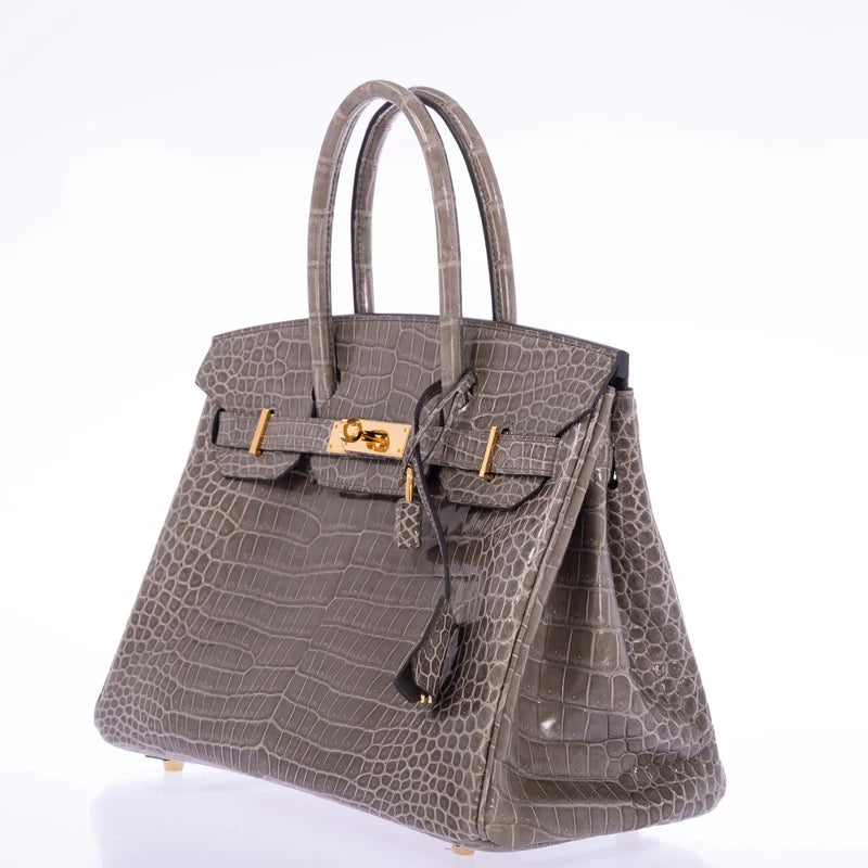 Hermès Birkin 30 Gris Tourterelle Porosus Crocodile Gold Hardware