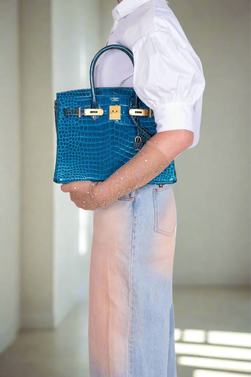 Hermès Birkin 30  Blue Izmir and Blue Colvert Porosus Crocodile Brushed Gold Hardware