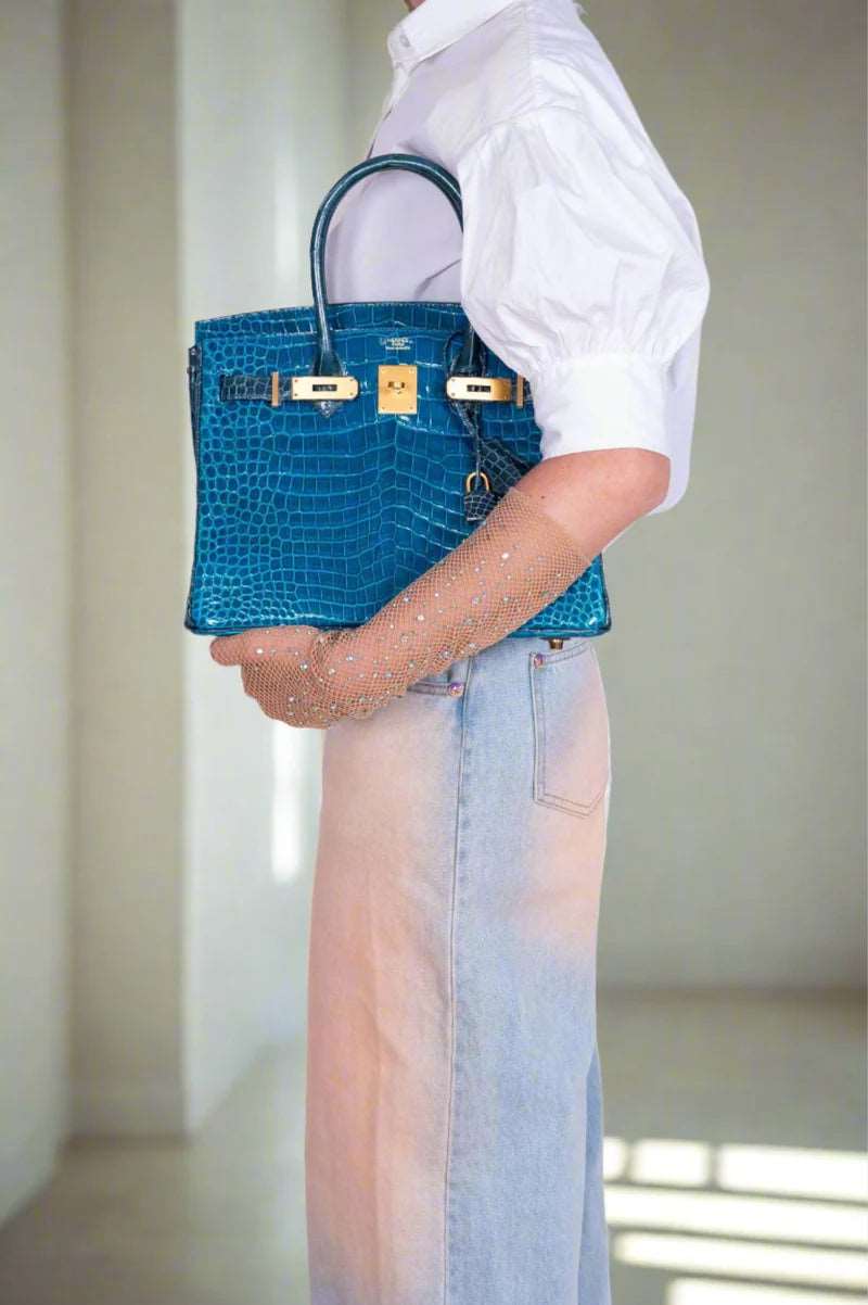 Hermès Birkin 30  Blue Izmir and Blue Colvert Porosus Crocodile Brushed Gold Hardware