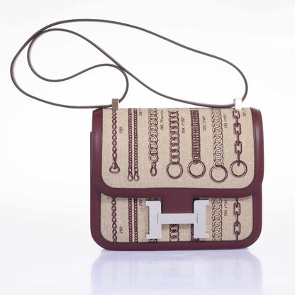 Hermès Constance MM 24 De Camp Dechainee Toile Ficelle-Bordeaux Palladium Hardware - Special Edition