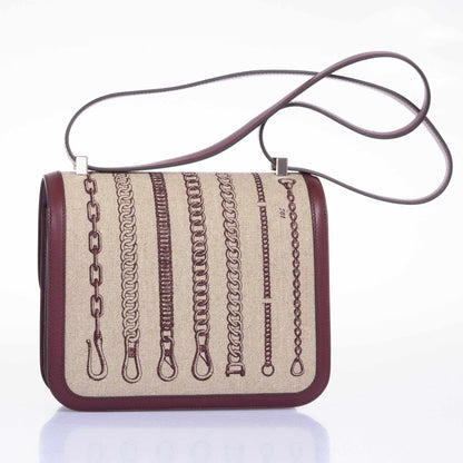 Hermès Constance MM 24 De Camp Dechainee Toile Ficelle-Bordeaux Palladium Hardware - Special Edition