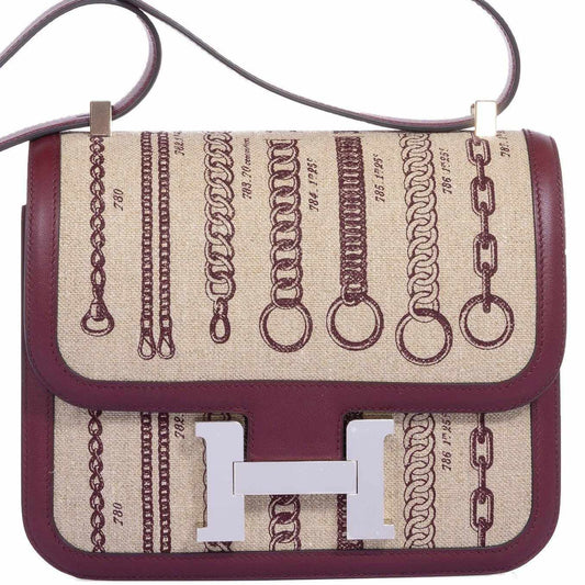 Hermès Constance MM 24 De Camp Dechainee Toile Ficelle-Bordeaux Palladium Hardware - Special Edition