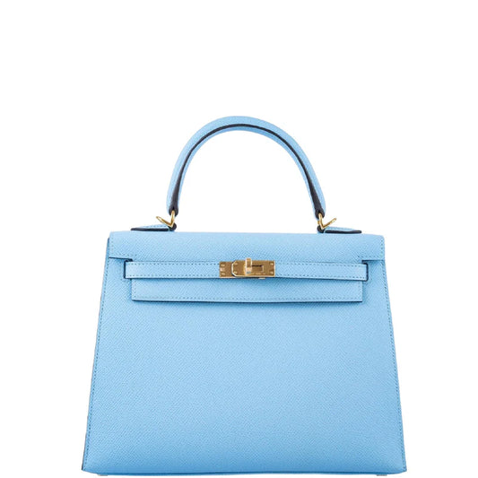 Hermès Kelly 25 Sellier Blue Celeste Epsom Gold Hardware