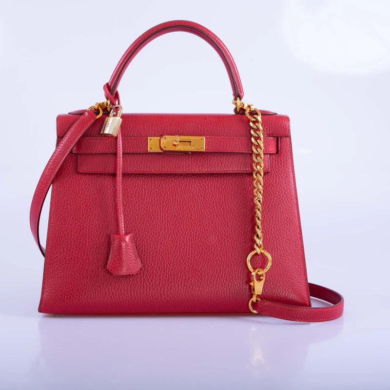 Hermès Kelly 28 Rouge Vif Ardenne with Gold Hardware