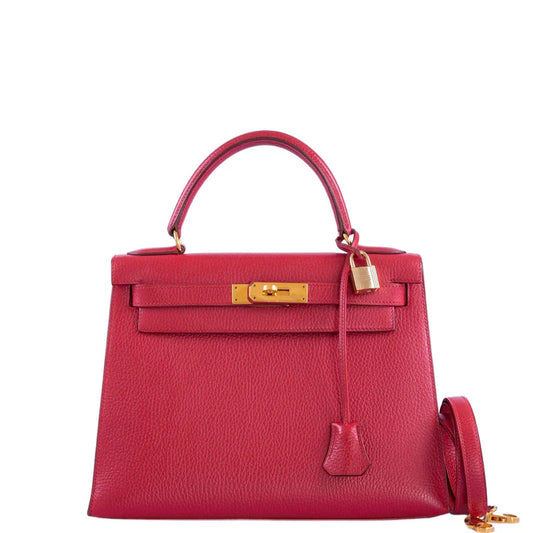 Hermès Kelly 28 Rouge Vif Ardenne with Gold Hardware