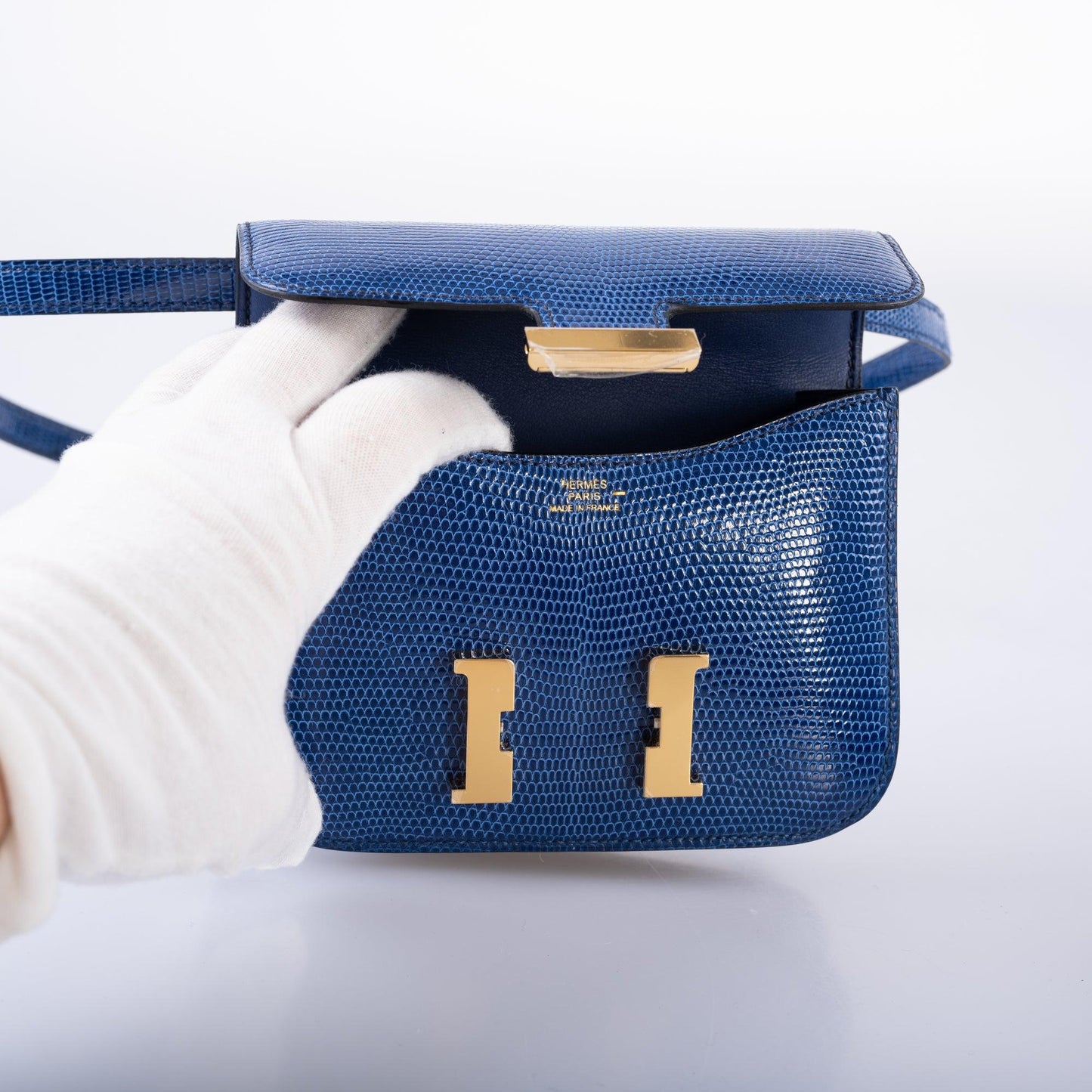 Hermès Micro Constance 14 Bleu Saphir Lizard Gold Hardware