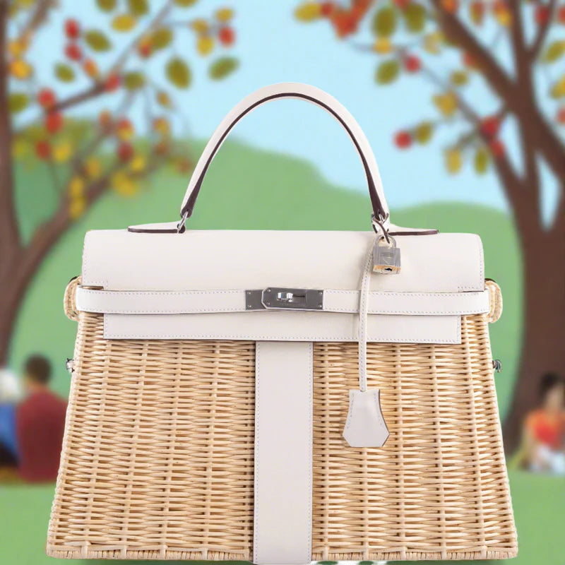 Hermès Picnic Kelly 35 Nata Swift and Osier Wicker Palladium Hardware