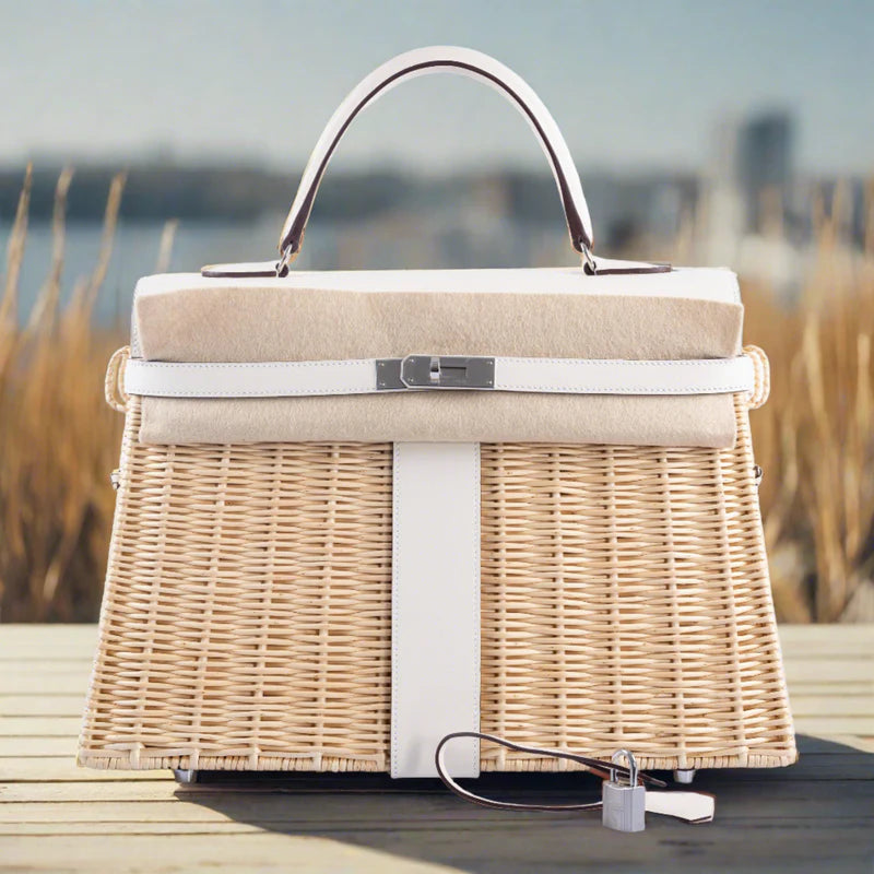 Hermès Picnic Kelly 35 Nata Swift and Osier Wicker Palladium Hardware